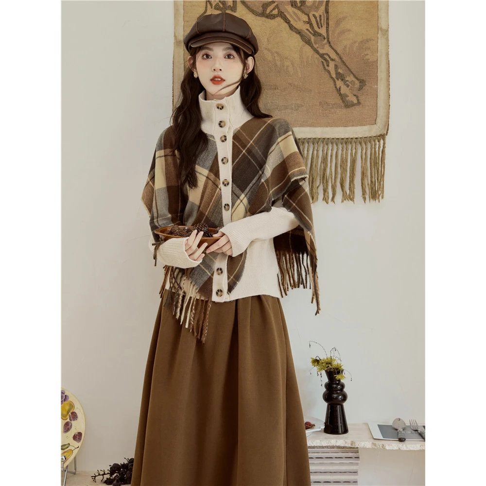 茶系穿搭一整套复古假两件格子披肩加厚针织上衣半裙两件套套装
