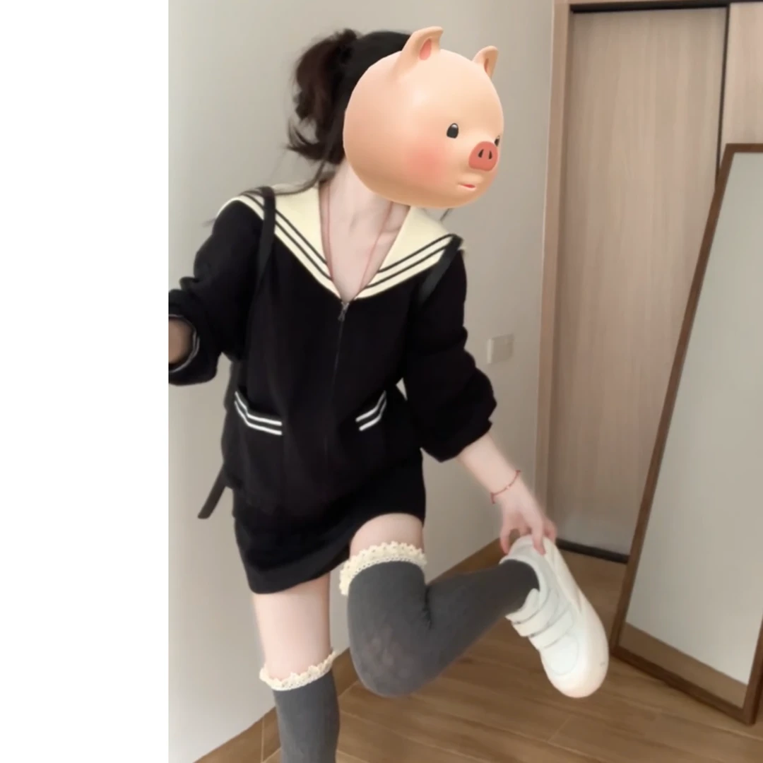 韩系学院风套装女秋冬海军领撞色黑色卫衣半裙套装外套两件套4562