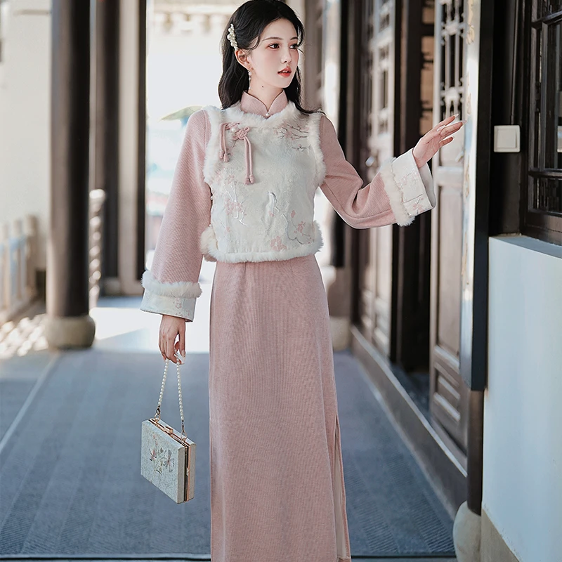 新中式国风加绒加厚改良旗袍连衣裙少女气质绝美马甲两件套6965