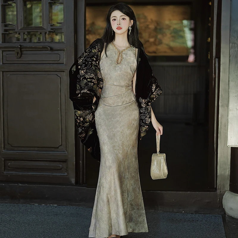 【金玉繁华】新中式鎏金图亮片连衣裙长裙&丝绒烫金斗篷外披7110