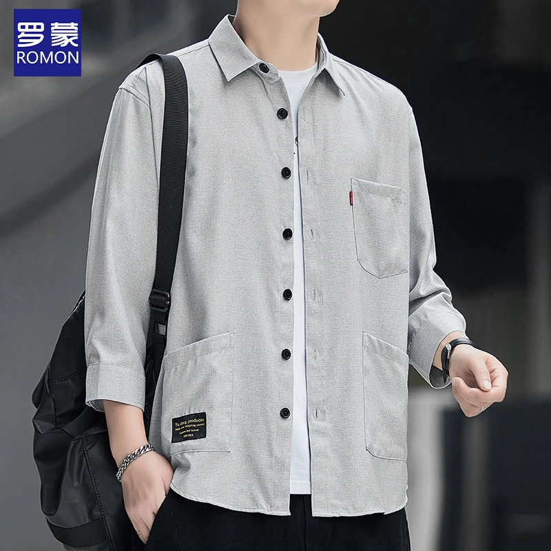 【冰丝】罗蒙七分袖衬衫男士夏季竹纤维免烫半袖多口袋港风工装衬衣