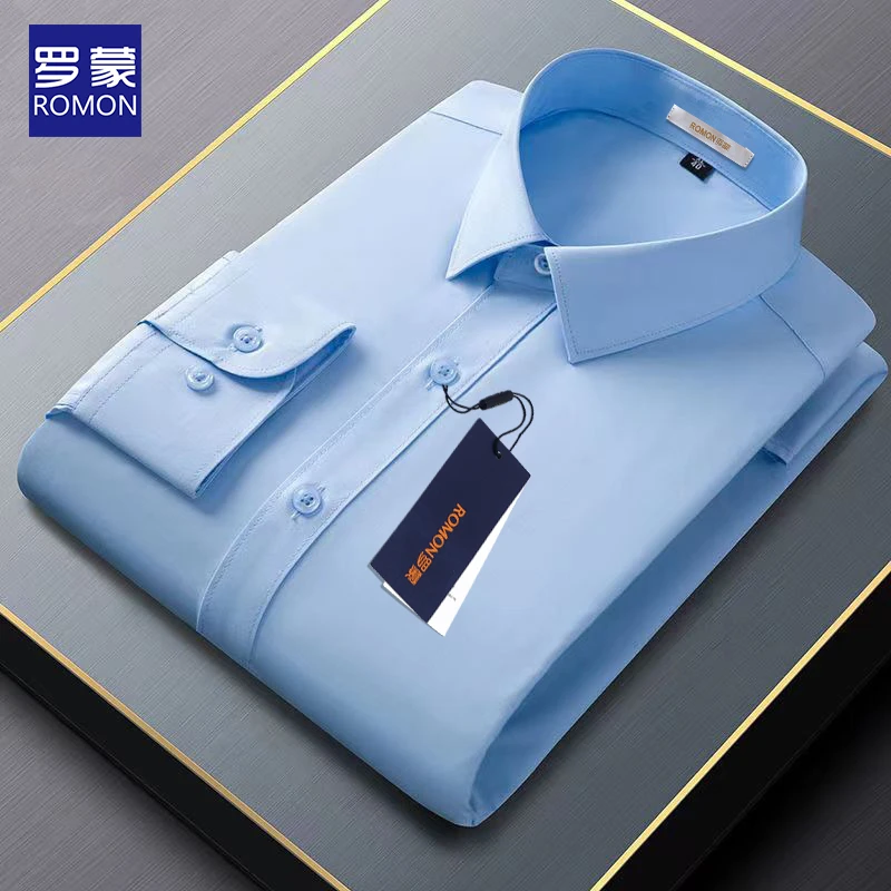 【莫代尔】罗蒙白衬衫男士长袖商务休闲中青年职业免烫短袖蓝色衬衣