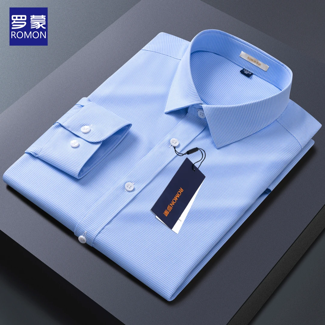 【竹纤维】罗蒙长袖衬衫男士商务休闲青年抗皱免烫高档蓝色格纹衬衣