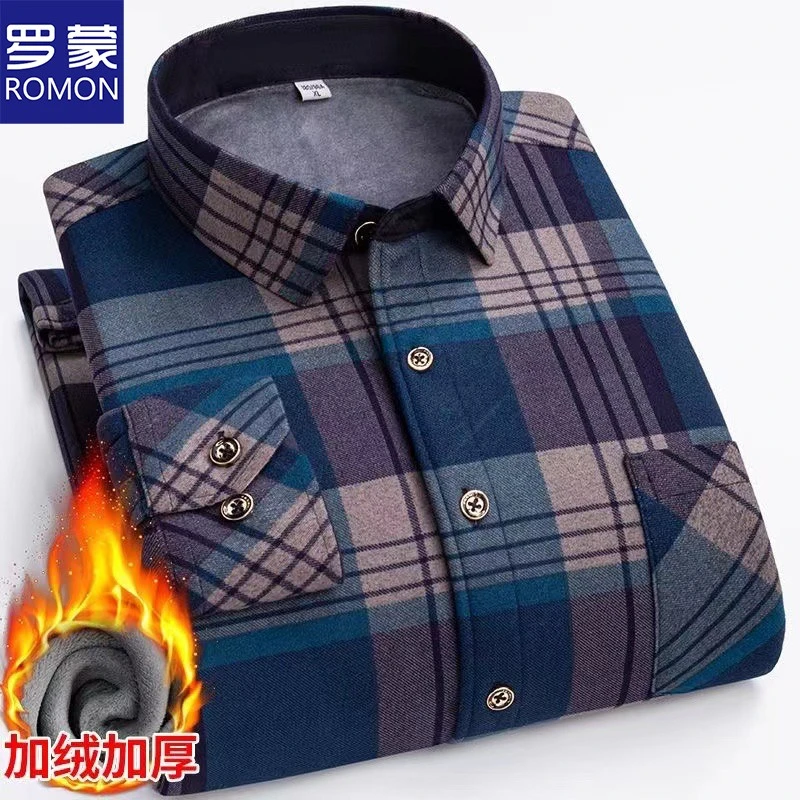 【双面绒加绒】罗蒙保暖衬衫男士秋冬季中老年爸爸装格子休闲衬衣
