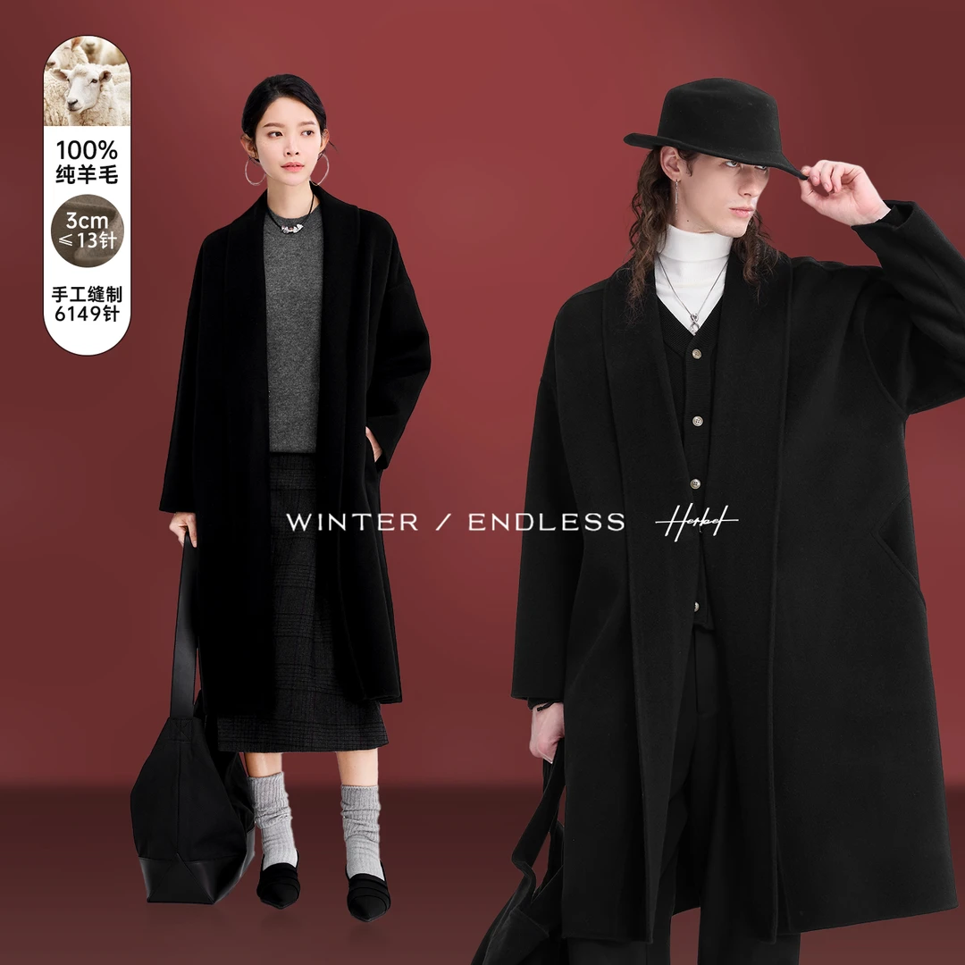HERBEL/黑白2024秋冬季男士黑色毛呢大衣休闲潮流宽松保暖中长款