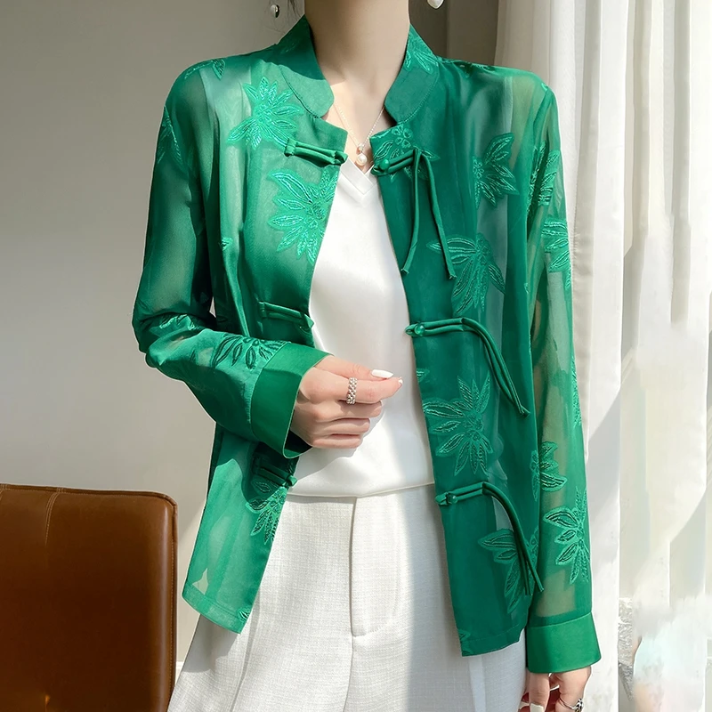 新中式国风女装上衣气质外套衬衫绣花提花防晒时尚长袖绣花衬衫