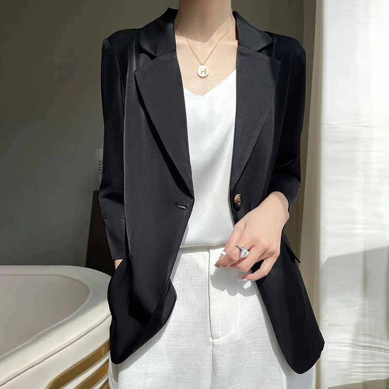 【C魅甄选】新款桑蚕丝西装女气质上上宽松中袖女装西服百搭B0005