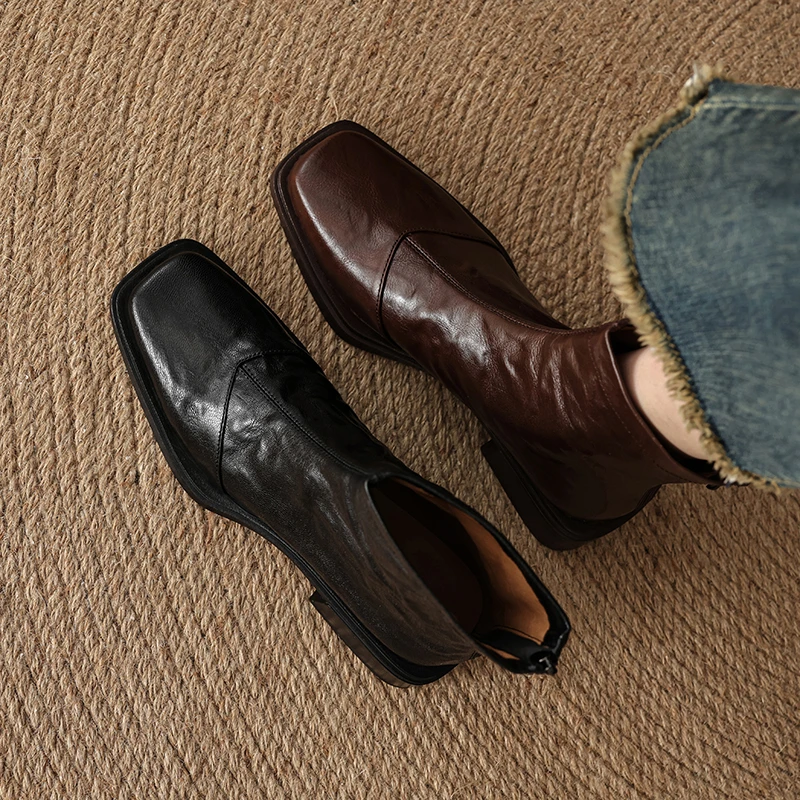 羊皮版真皮方头低跟英伦风复古法式短筒靴子女秋冬新款加绒马丁靴