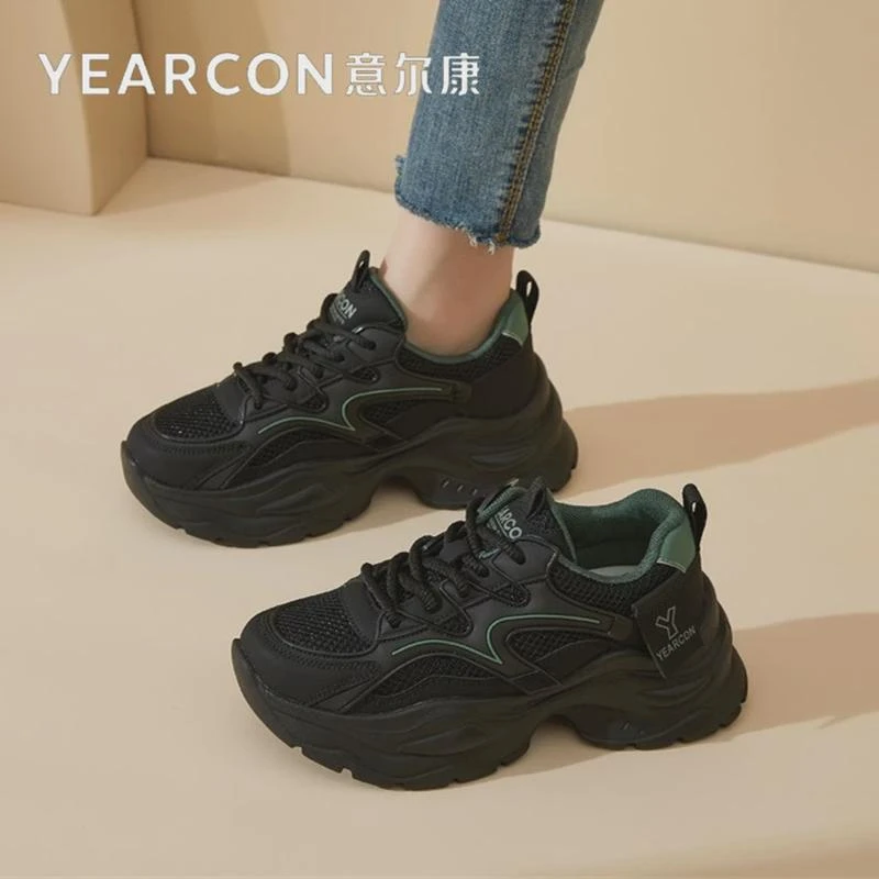 意尔康老爹鞋女款2024新款秋冬款爆款厚底增高全黑色休闲运动女鞋