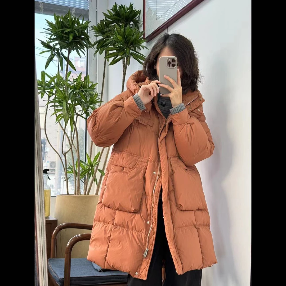 喜樂  2023长款羽绒服冬季新款时尚百搭连帽大口袋纯色宽松女外套
