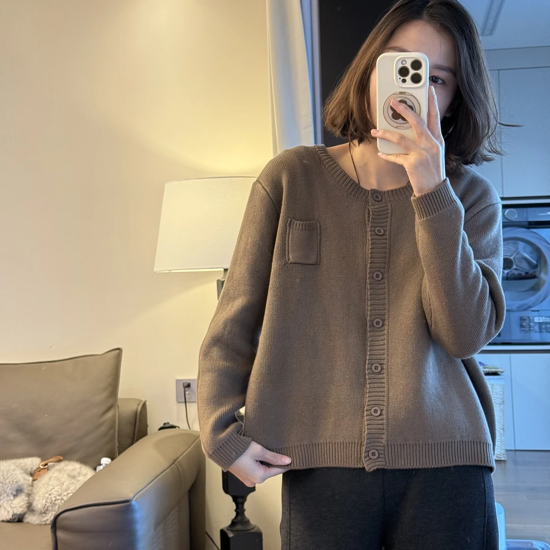 喜樂2024加绒加厚拼接小口袋针织开衫冬季纯色休闲百搭长袖女士