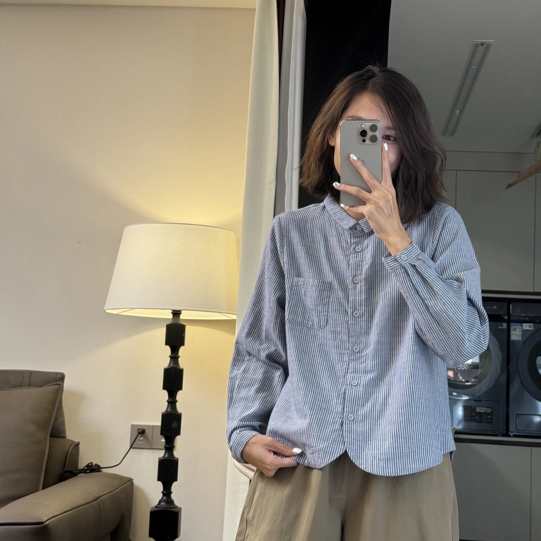 喜樂   2024撞色条纹衬衫秋季新款时尚百搭复古文艺翻领女士上衣
