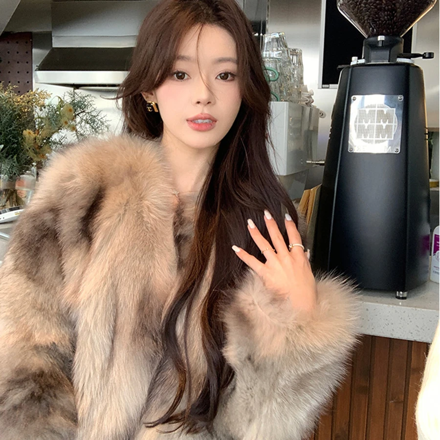 龙纹环保狐狸毛仿皮草外套女秋冬V领宽松短款加厚保暖毛茸茸上衣