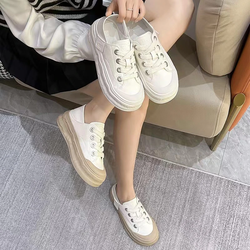 （福利款）时尚两穿小白鞋女2024春夏圆头系带真皮懒人鞋厚底休闲鞋