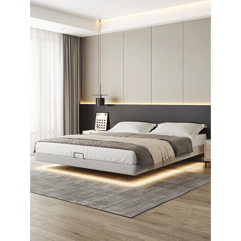 无床头悬浮床轻奢现代简约主卧室大床新款婚床悬空皮床齐边双人床