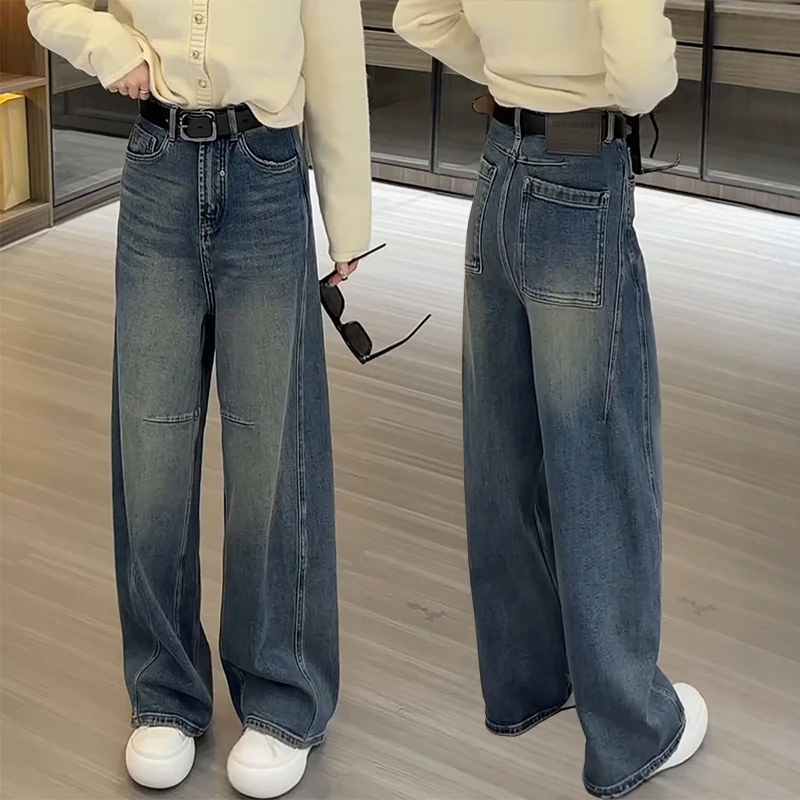 大码阔腿牛仔裤女春季高腰弯刀裤胖mm显瘦宽松直筒裤梨型身材裤子