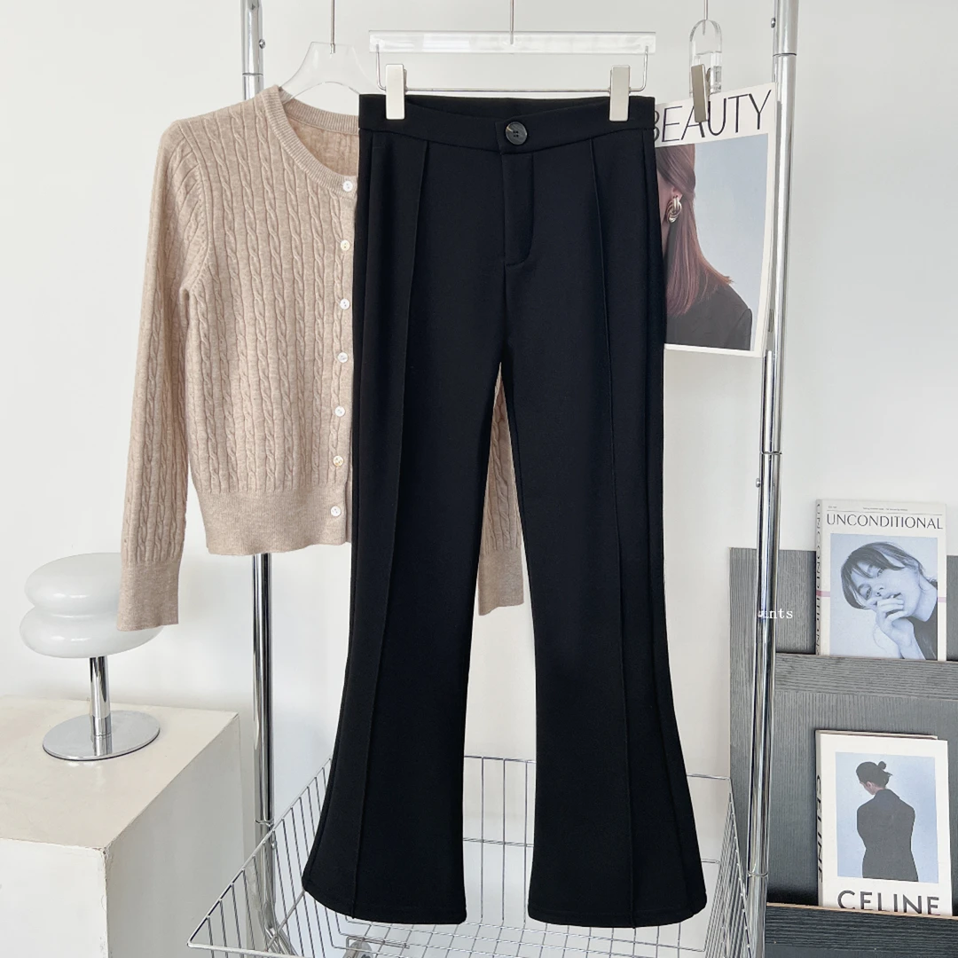 【重工微喇裤】细纹针织小黑裤加厚加绒长裤16266-(3566)