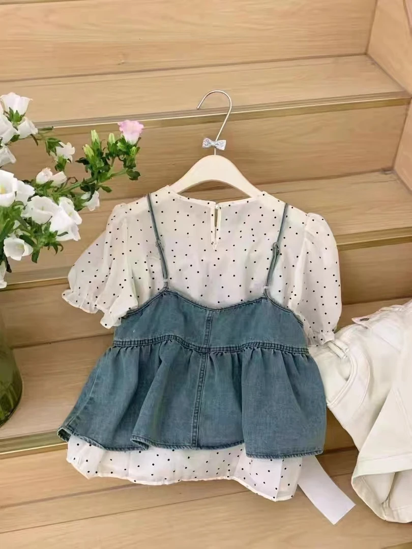 【水洗牛仔两件套】洋气减龄波点短袖上衣吊带套装-苋 14944(89108)