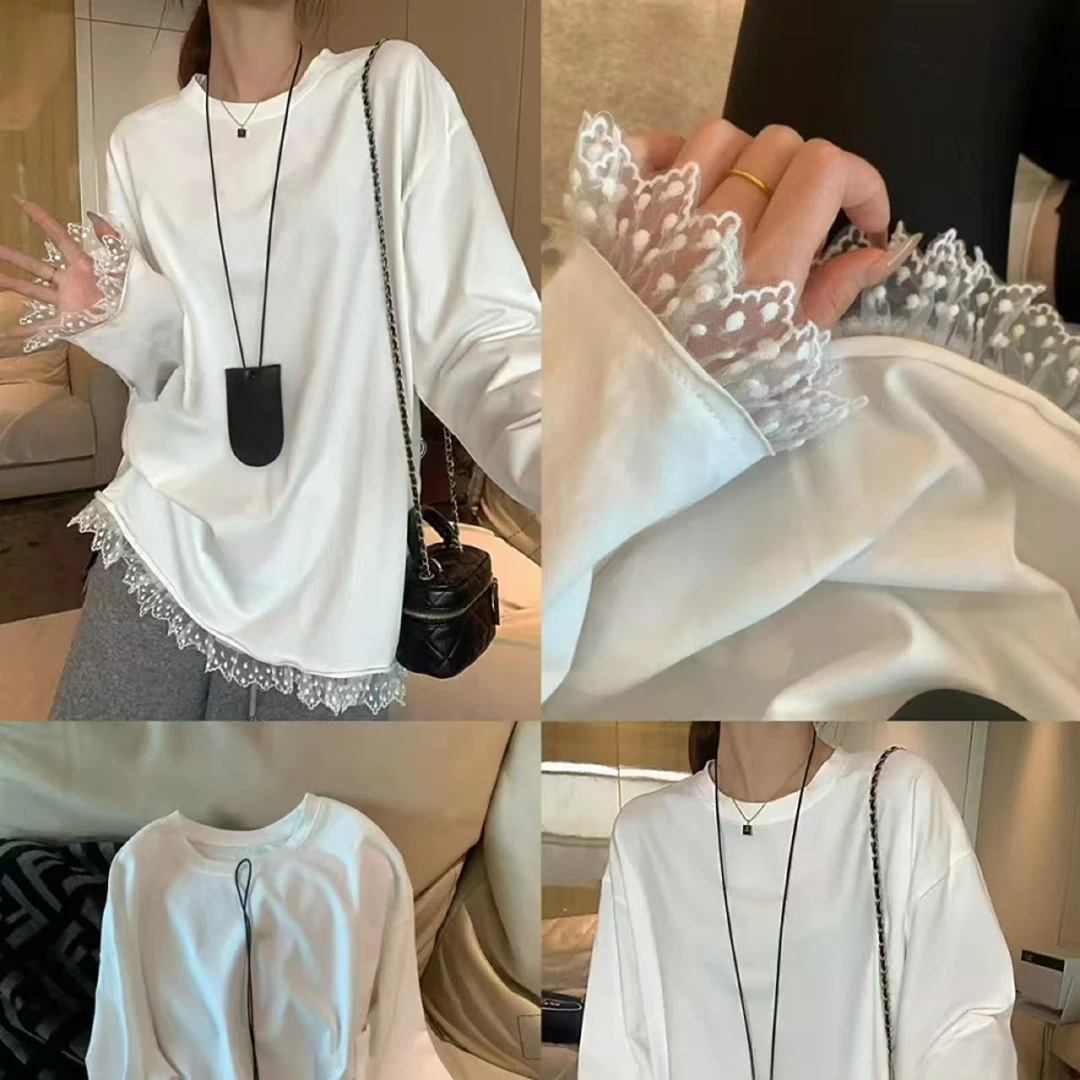 【优雅设计磨毛】拼接蕾丝显瘦百搭上衣-苋 16198(8823)