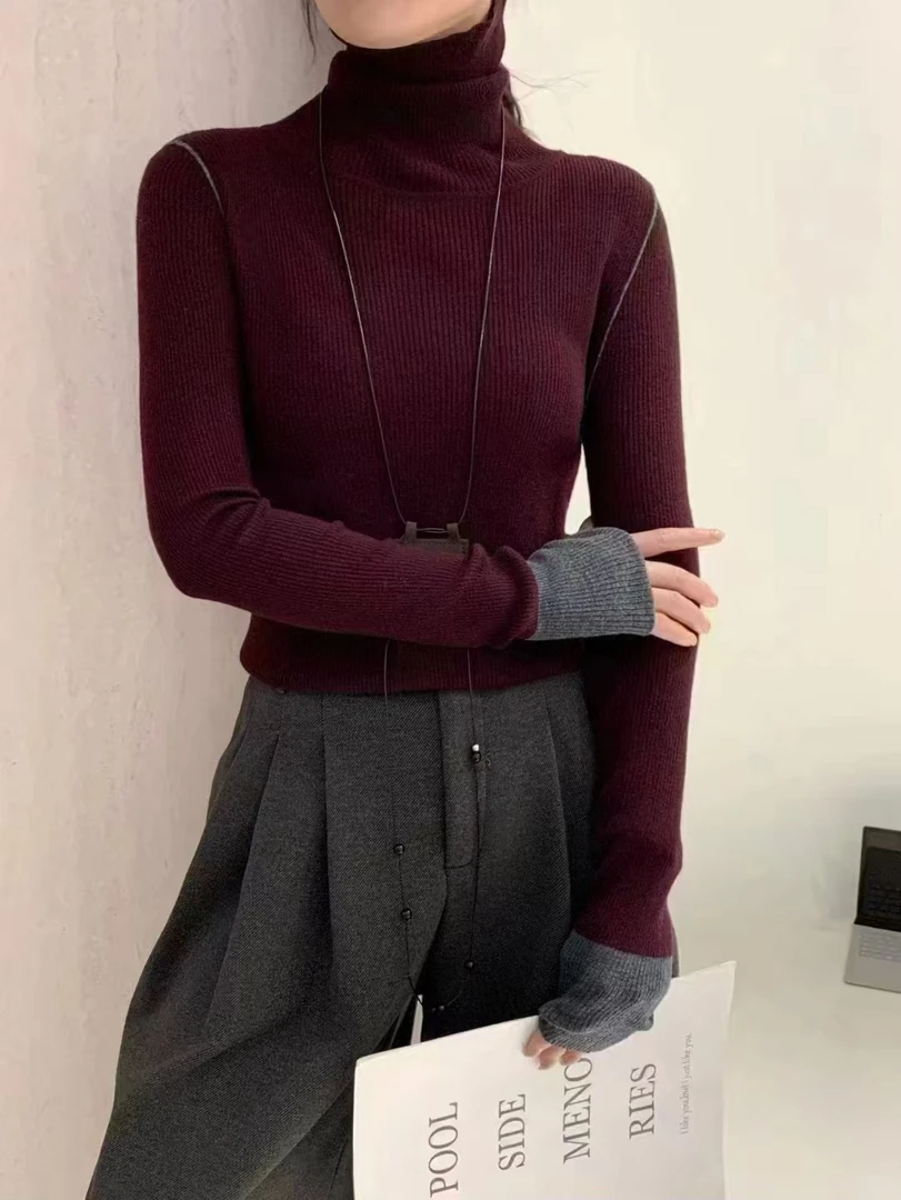 【欧版针织】高品质撞色袖口小个性时尚百搭高领针织衫女 16182-