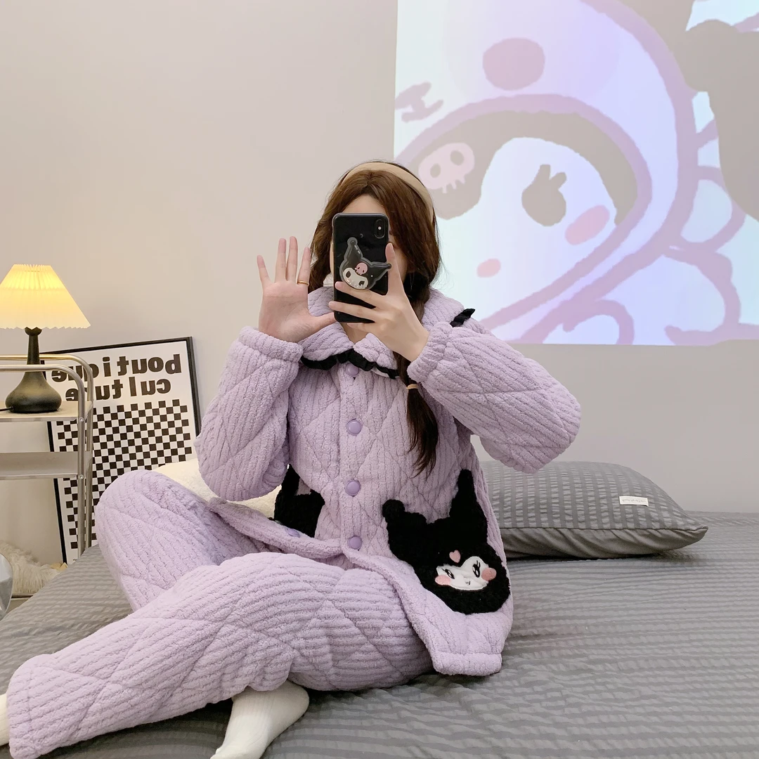 睡衣女三层夹棉加厚法兰绒酷乐米舒棉绒2024家居服冬季新款套装