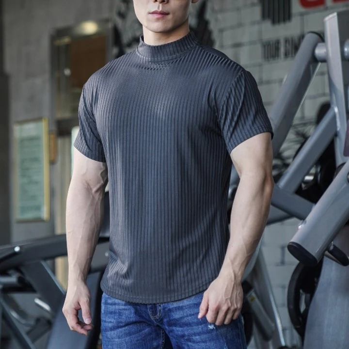 美式条纹高领健身短袖男跑步篮球针织修身运动休闲打底衣服t恤衫