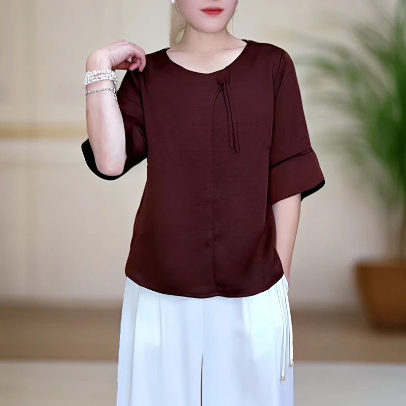 简约大气妈妈装小衫宽松显瘦圆领时尚休闲洋气气质纯色