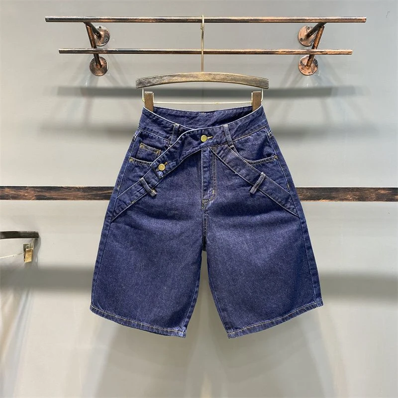 蓝色高腰牛仔短裤女春夏季新款弹力显瘦热裤小众设计感五分中裤子