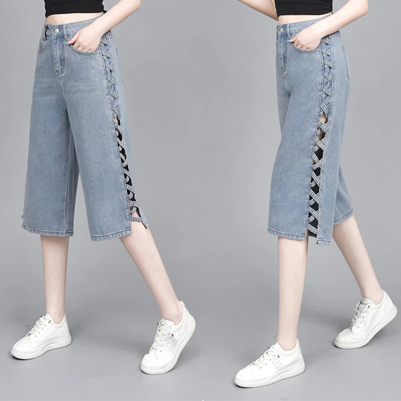高腰镂空宽松七分薄款牛仔裤女装夏款2025年新款七分直筒牛仔裤女