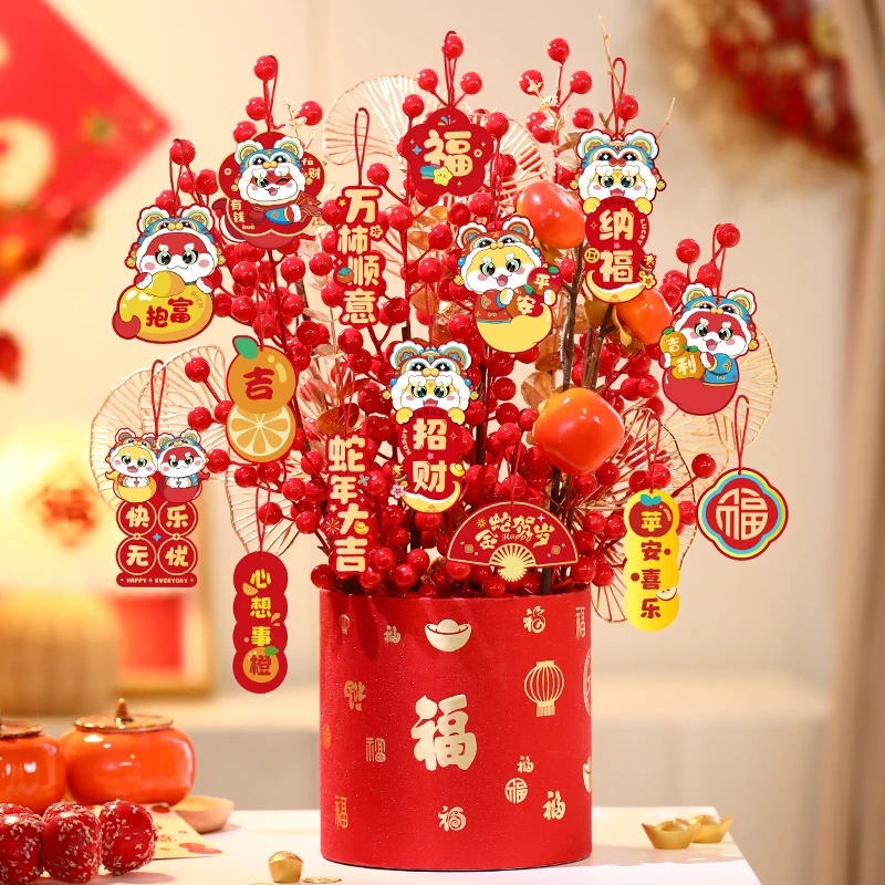 2025新年发财果福桶摆件蛇年春节装饰品元旦过年新春场景布置挂件