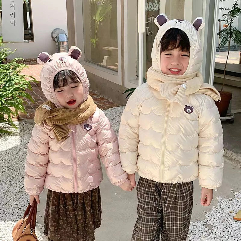 秋冬时尚儿童棉服中小童宝宝免洗小熊连帽耳朵款轻薄棉衣保暖棉袄
