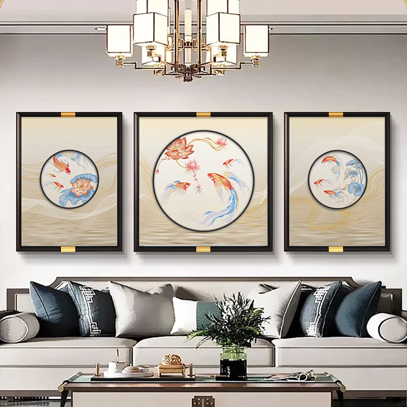 沙发墙三联刺绣装饰画高端织锦刺绣新