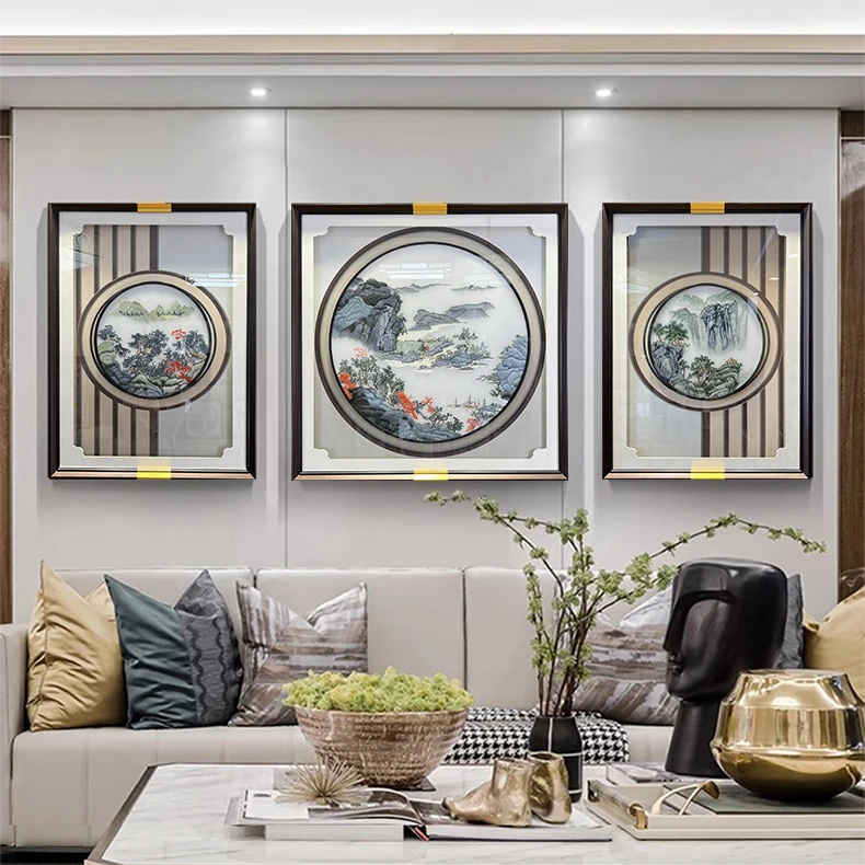 【苏绣坊】居家好物山清水秀三联山河刺绣沙发背景背景墙挂画新
