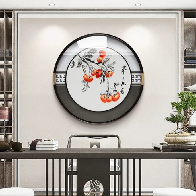 柿柿如意玄关装饰画圆形刺绣高档客厅走廊挂画新中式