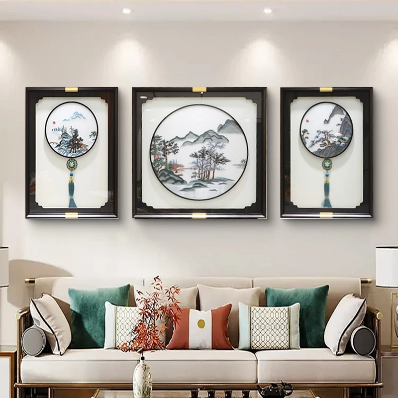 阪画屋2新中式高端品质装饰画大气手工实物刺绣画沙发背景墙挂画