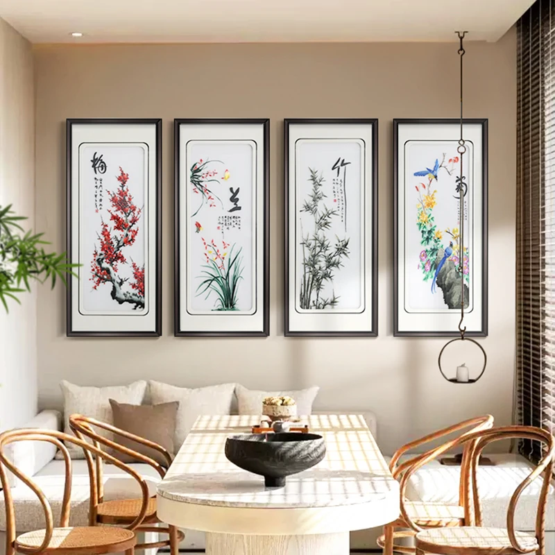 梅兰竹菊刺绣装饰画新中式客厅沙发背景墙挂画【开】