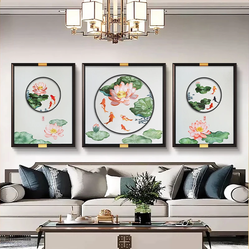 荷花九鱼2025新款客厅沙发背景墙挂画高端刺绣装饰画新中式墙画