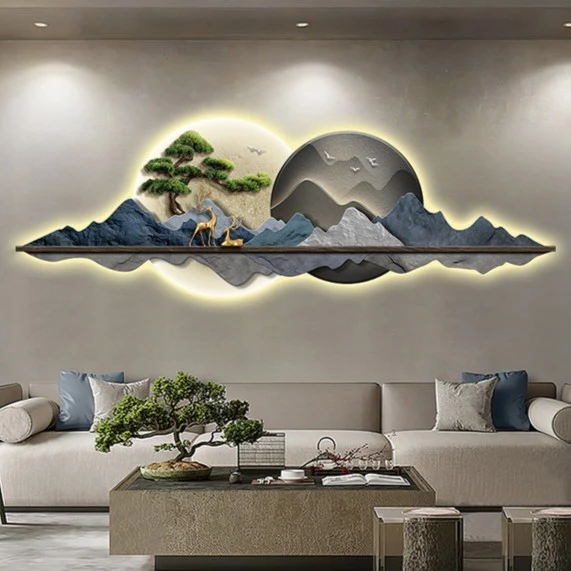 新中式客厅装饰画壁灯发光LED灯画沙发背景墙挂画迎客松【商城】