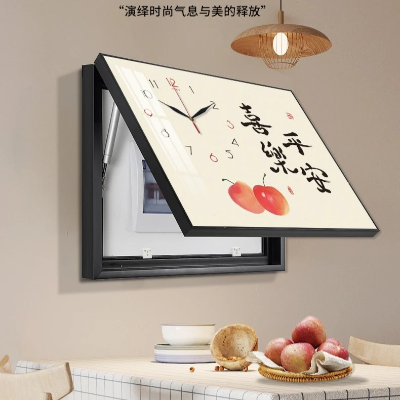阪画屋免打孔电表箱装饰画现代简约带钟表液压上掀款挂画【商15】