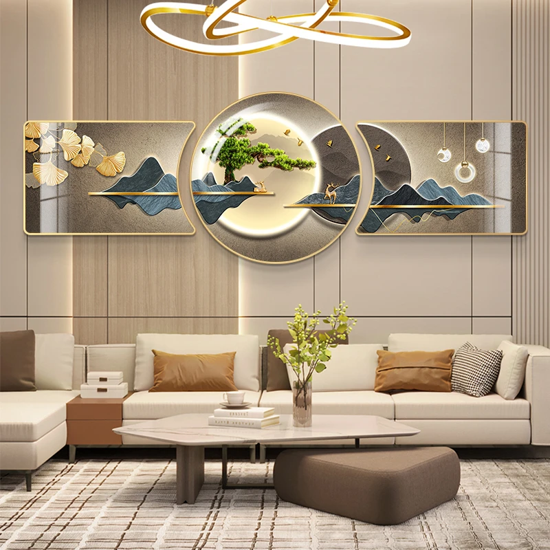 阪画屋迎客松福鹿现代客厅三联装饰画新中式镶钻画挂画【商城】