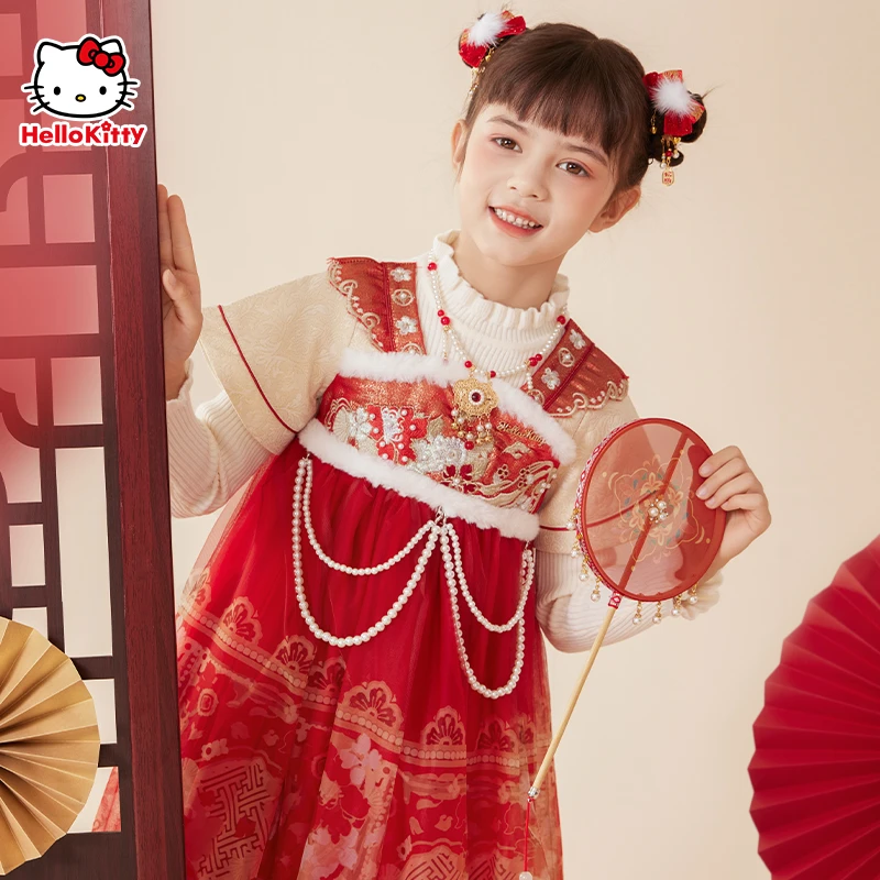 女童汉服连衣裙冬装新款加厚毛衣裙儿童新年装拜年服唐装马面裙