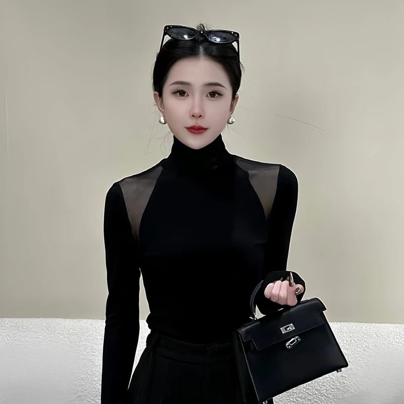 JUDING/聚町【黑色玫瑰】拼接网纱长袖T恤女加厚加绒打底衫上衣9627