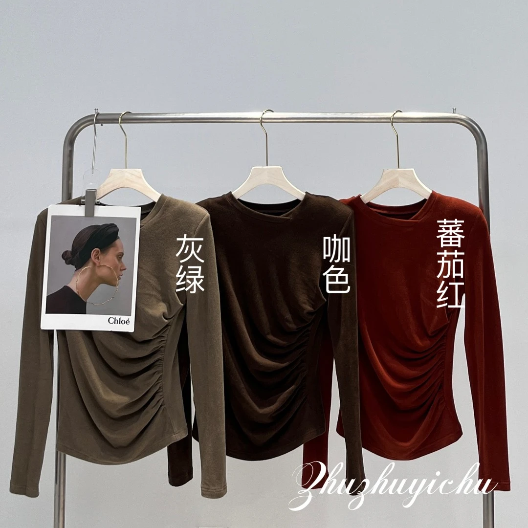 【朱朱家高定】长袖纯色内搭秋冬款修身显瘦上衣小众设计感9312