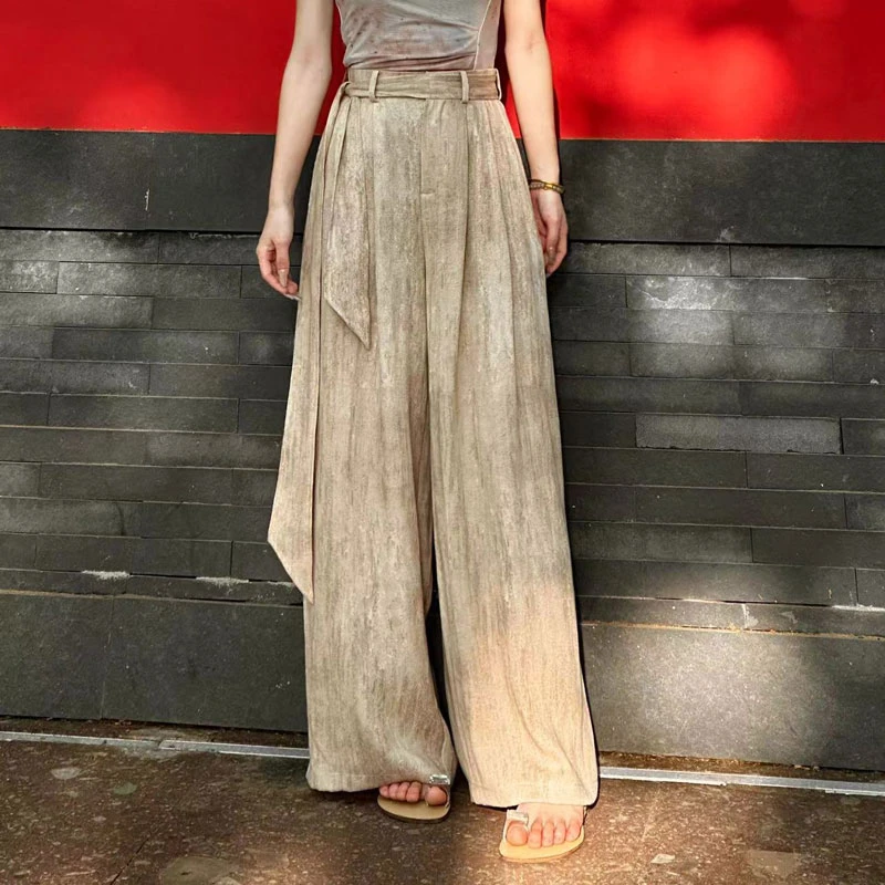 JUDING/聚町【艺术生】国风印染高腰休闲长裤女宽松直筒裤垂感5186