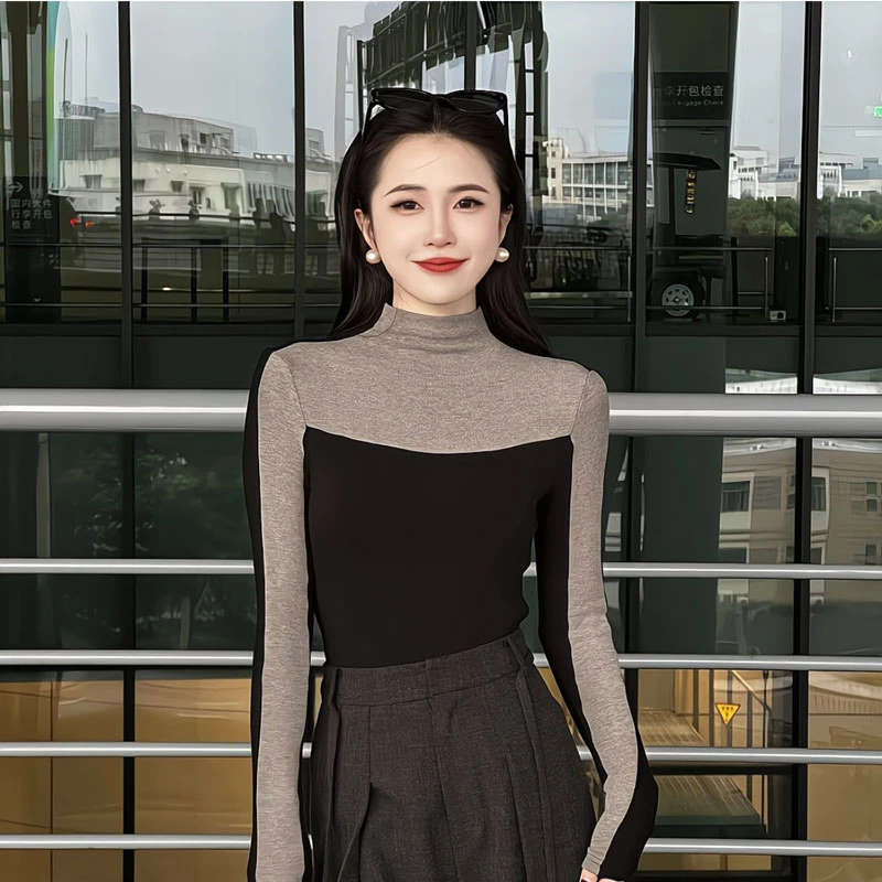 JUDING/聚町【修容T】气质拼接撞色长袖T恤女百搭显瘦上衣7004