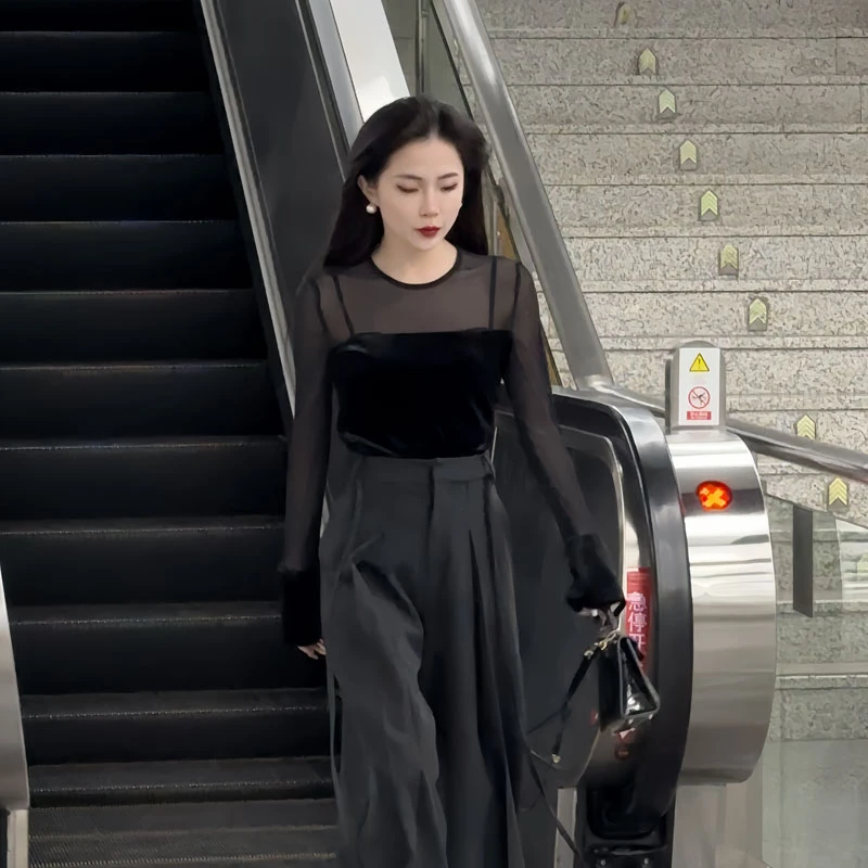 【朱朱家高定】拼接网纱丝绒长袖T恤显瘦百搭秋冬新款上衣服女9407