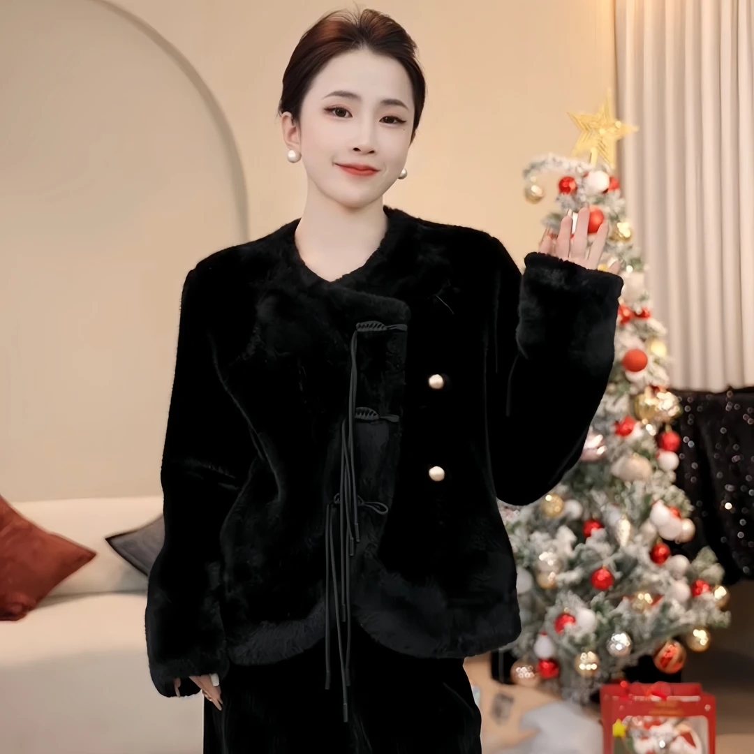 【清仓】国风盘口小香风外套女冬季新款皮毛一体上衣气质4054