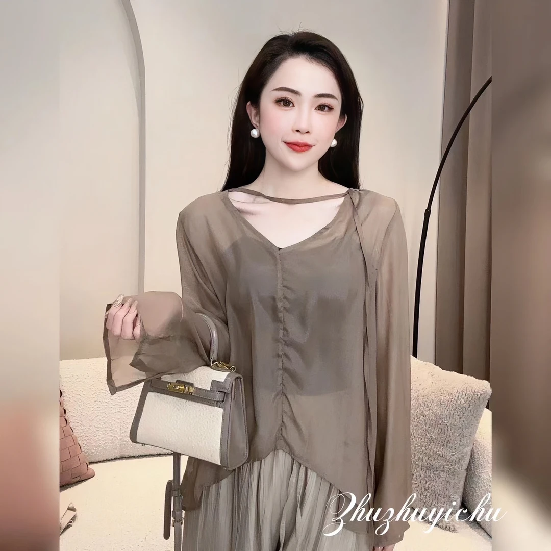 【郁金香】2023夏季洋气衬衫女韩版系带薄款上衣休闲防晒衫6021