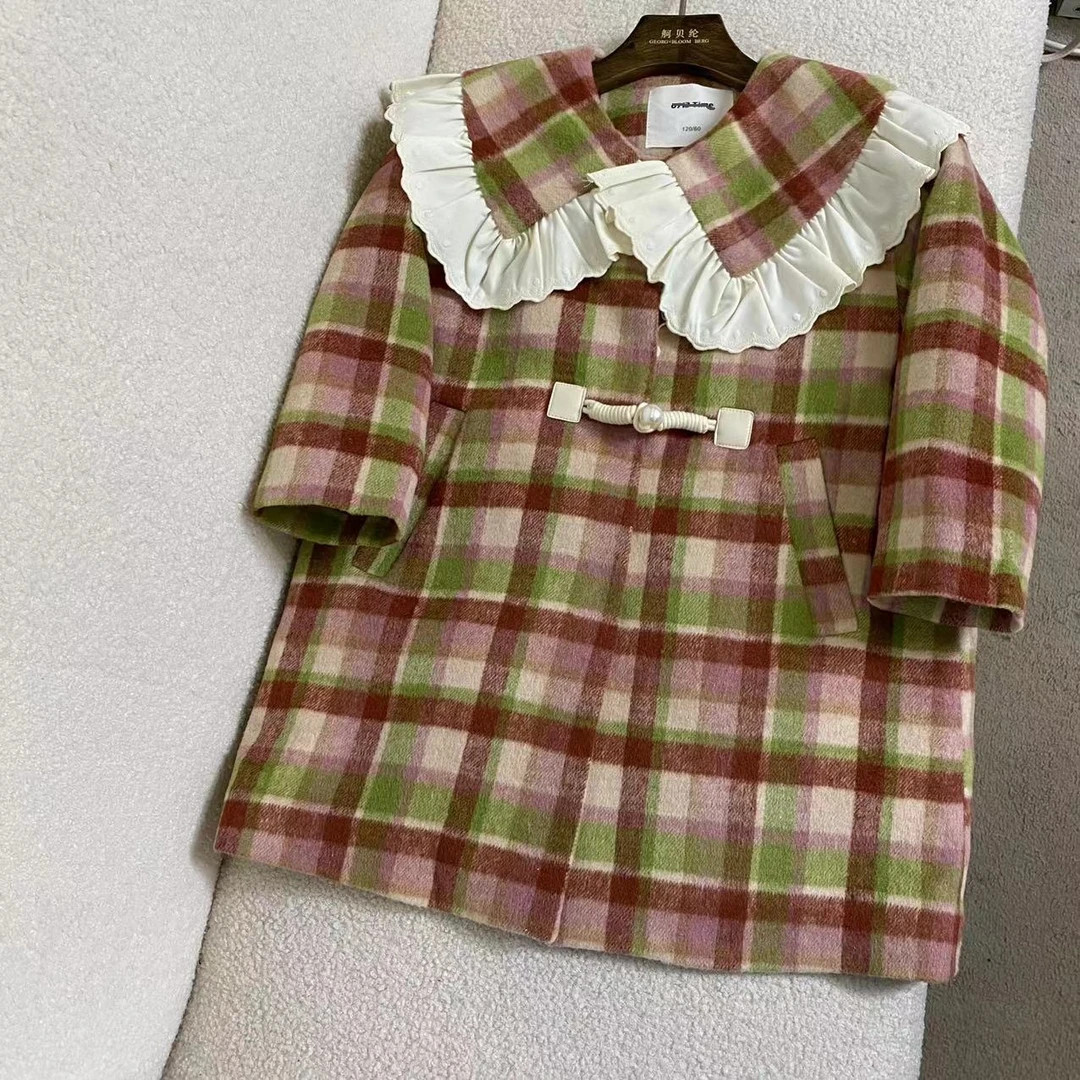 童装中大童时尚百搭娃娃领格子翻领毛呢棉衣大衣外套 C2972