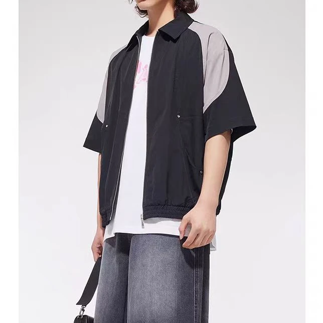 韩版宽松拼接撞色拉链衬衫外套 C7736